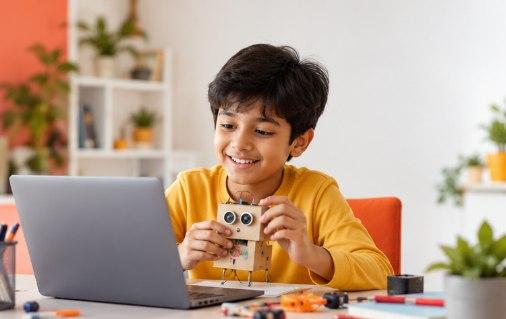 A boy at a laptop holding the cardboard robot he has just wired up