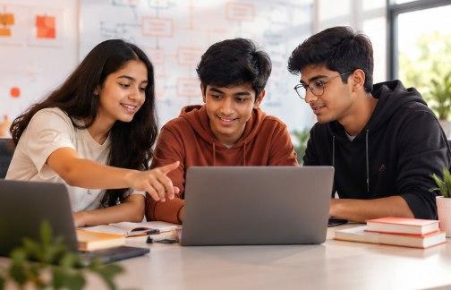 Three students working at one laptop during a live class