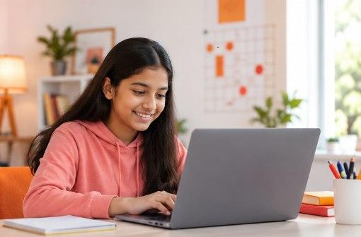 A student working at a laptop at home in the evening