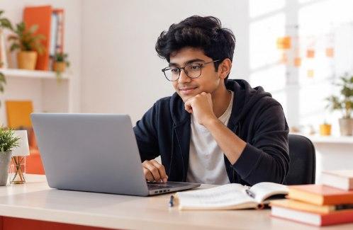 A senior student reading through his own code at a laptop