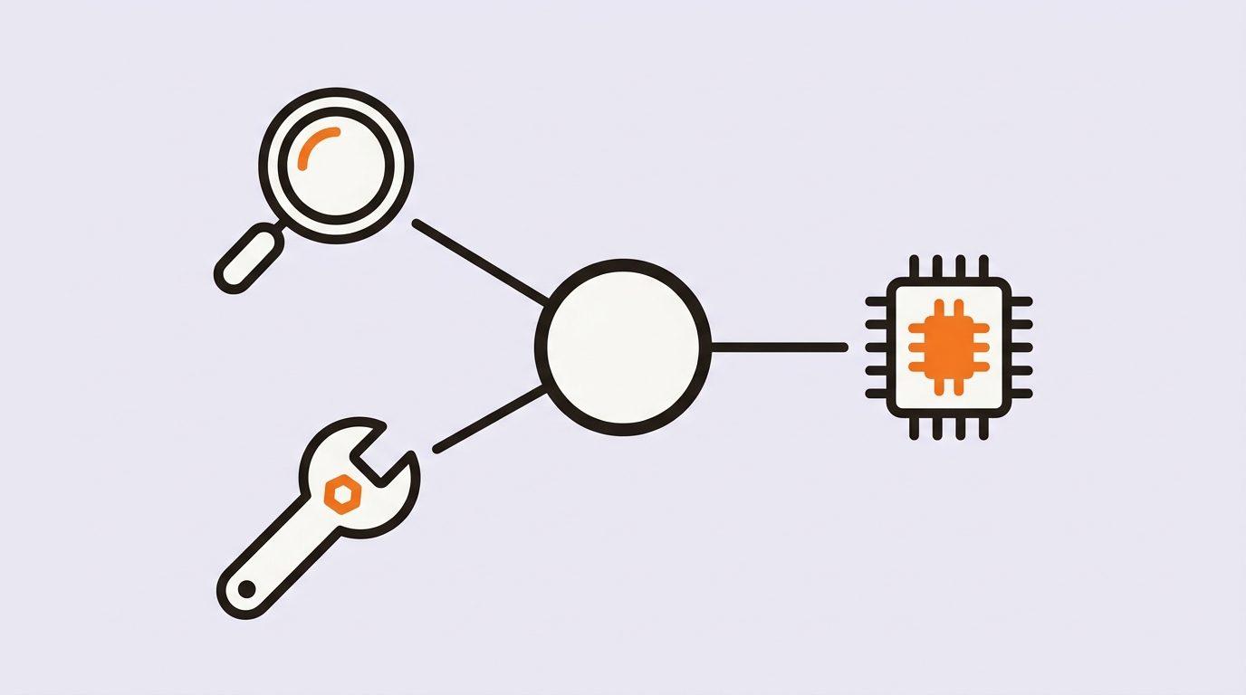 A central node wired to a magnifying glass, a wrench and a memory chip