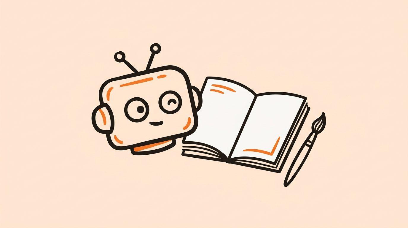 A friendly geometric robot beside an open sketchbook and a paintbrush
