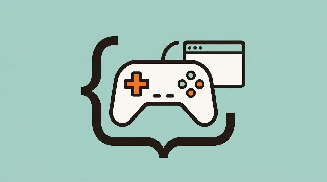 A game controller drawn as one object with a curly brace, beside a browser window