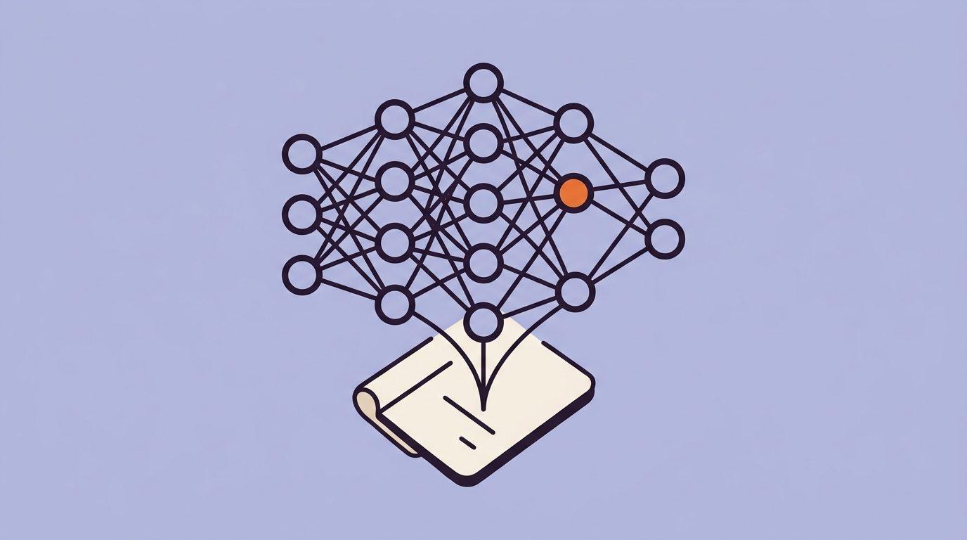 A small neural network of circles and lines growing out of a document